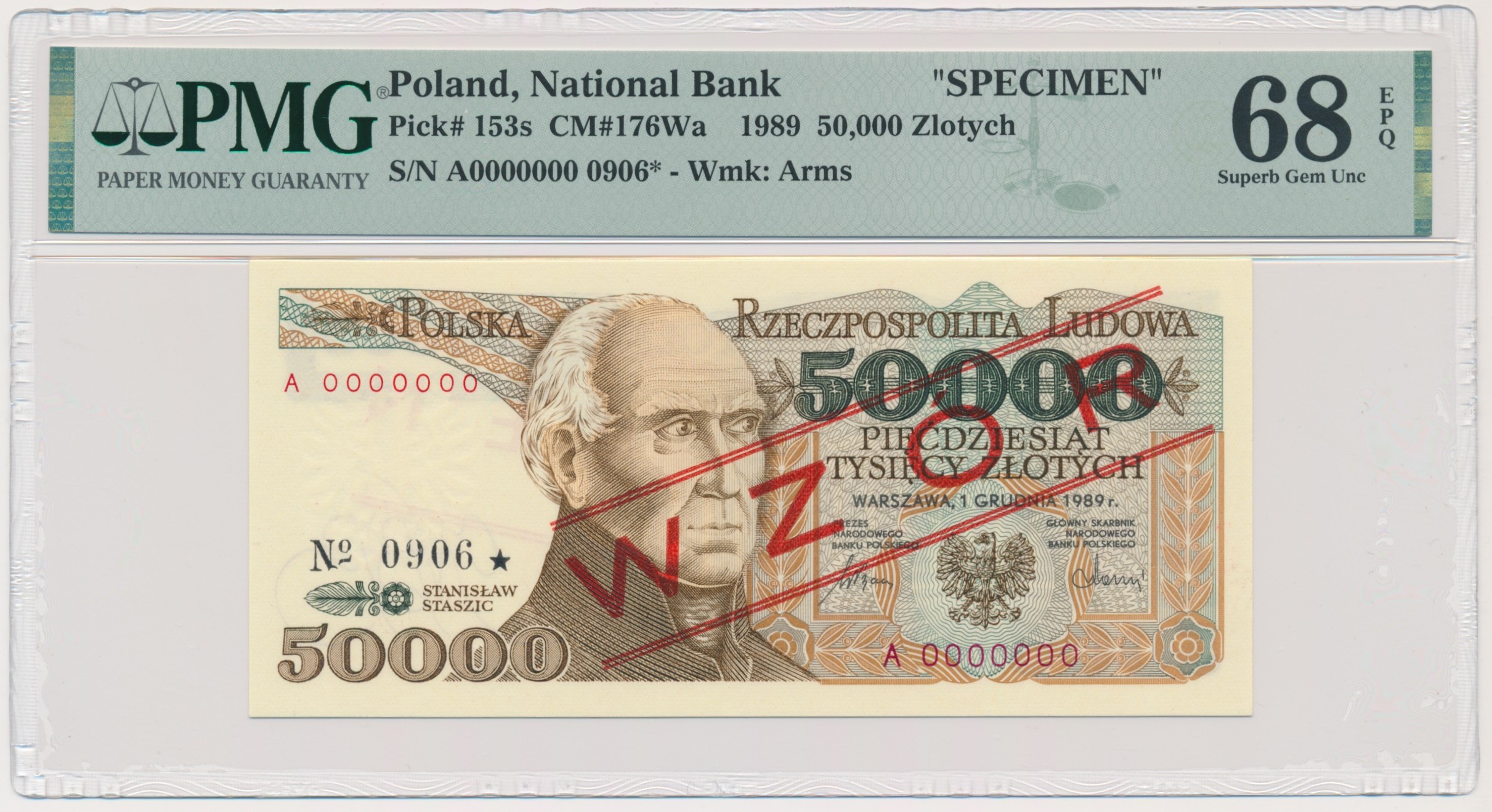 50.000 złotych 1989 - WZÓR - A 0000000 - No.0906 - PMG 68 EPQ - Aukcja ...