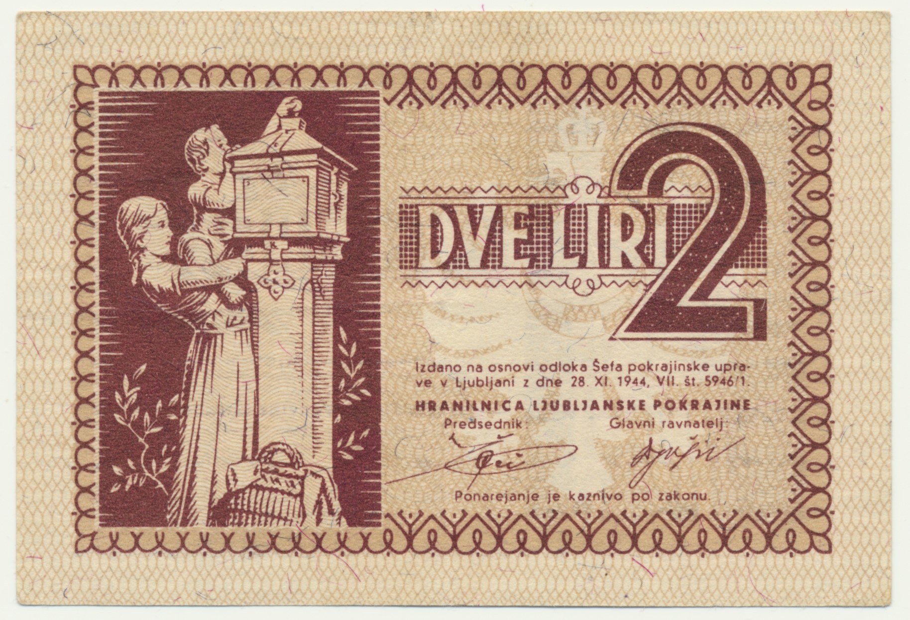 Jugosławia, Słowenia, Okupacja Niemiecka II WŚ - Laibach, 2 liry 1944