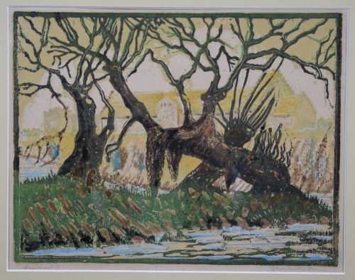 "Drzewa na tle klasztoru”, drzeworyt barwny, l. 30-te., Jan Dzieślewski