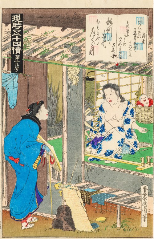 Matka przędzie nić na kołowrotku, ok.1884, Toyohara Kunichika