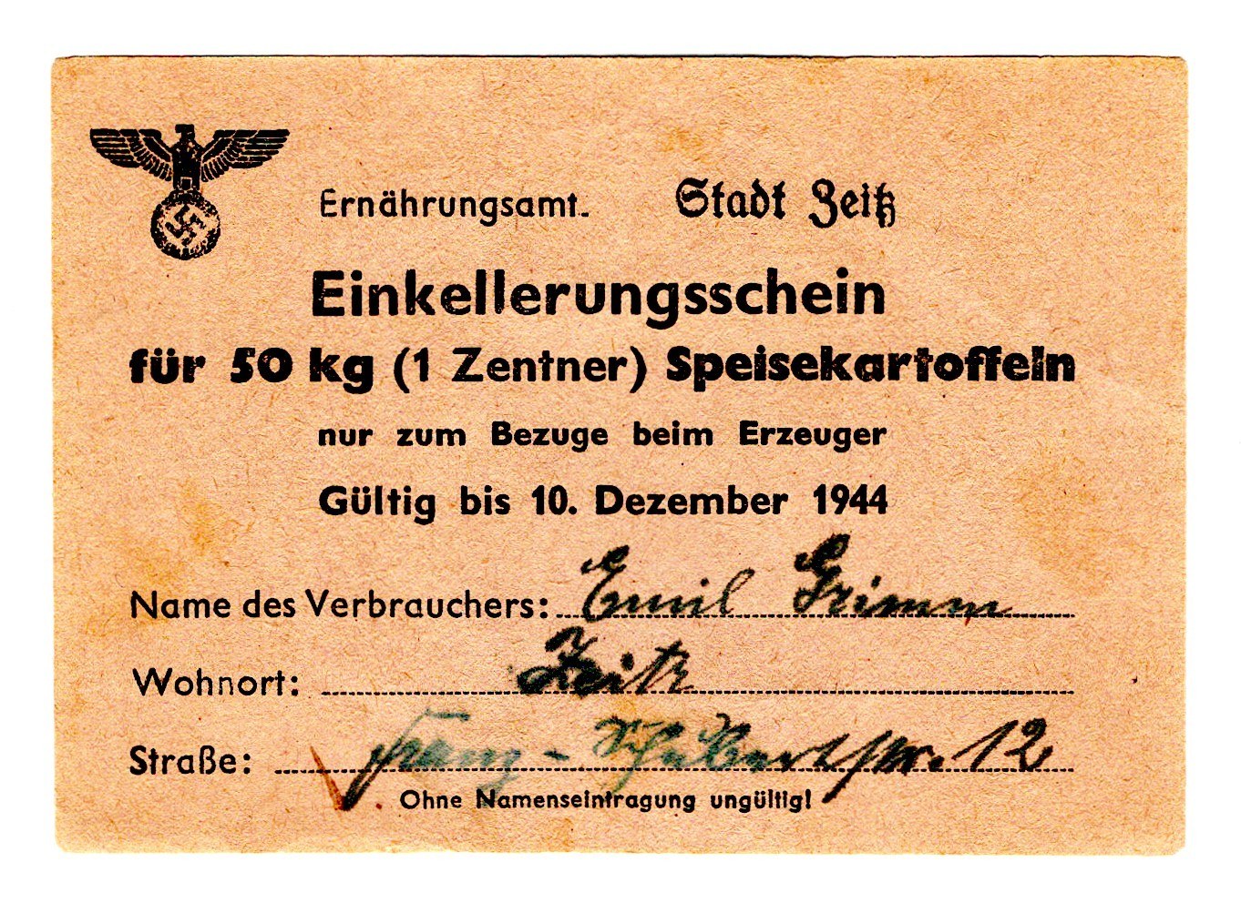 Germany Third Reich Einkellerungsschein 50 Kg 1 Zentner 1944 Aukcja / Licytacja Germany Third Reich Einkellerungsschein 50 Kg 1 Zentner 1944 Aukcja / Licytacja