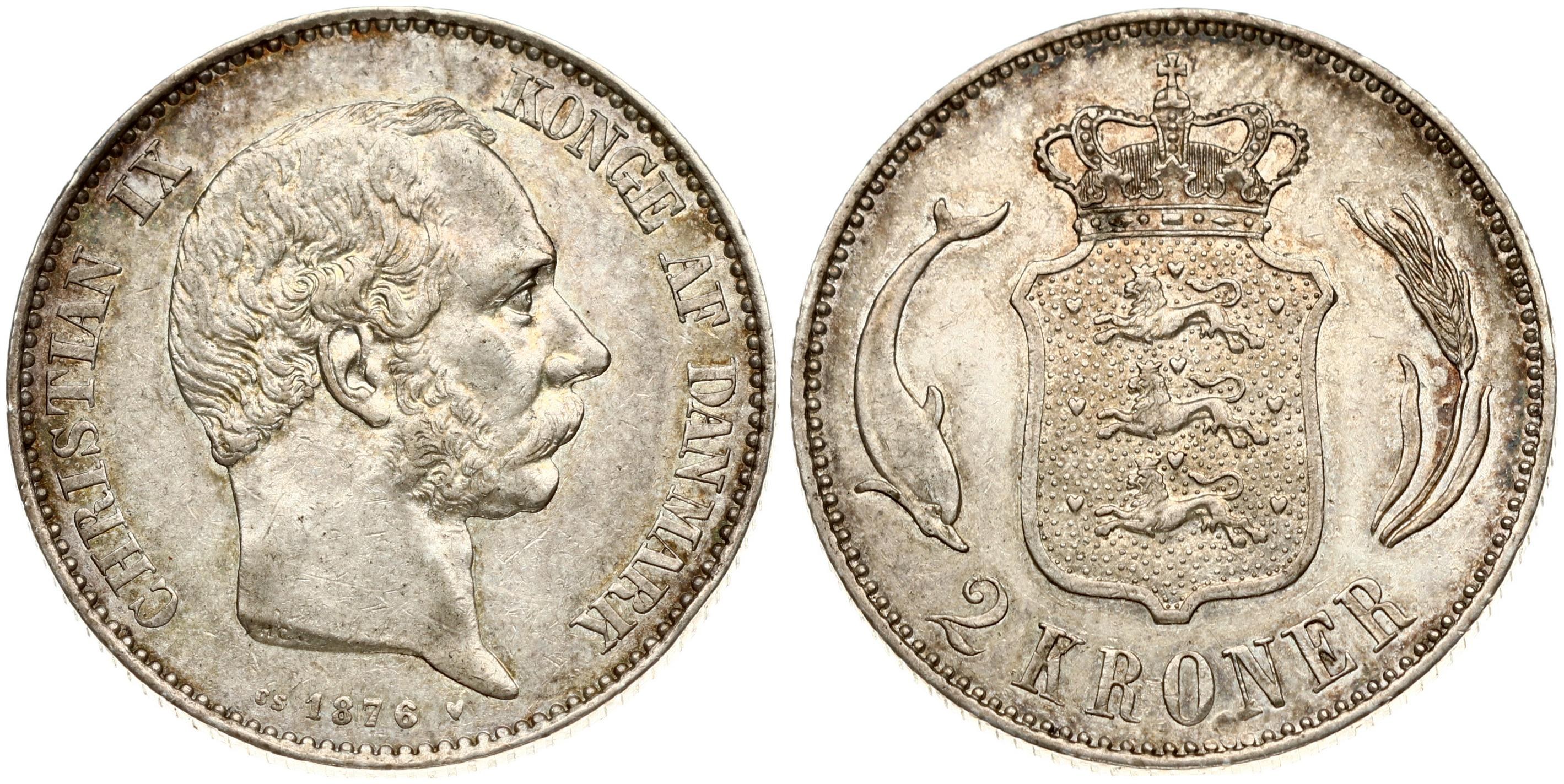 Denmark 2 Kroner 1876(h) HC//CS Christian IX(1863-1906). Obverse: Head ...