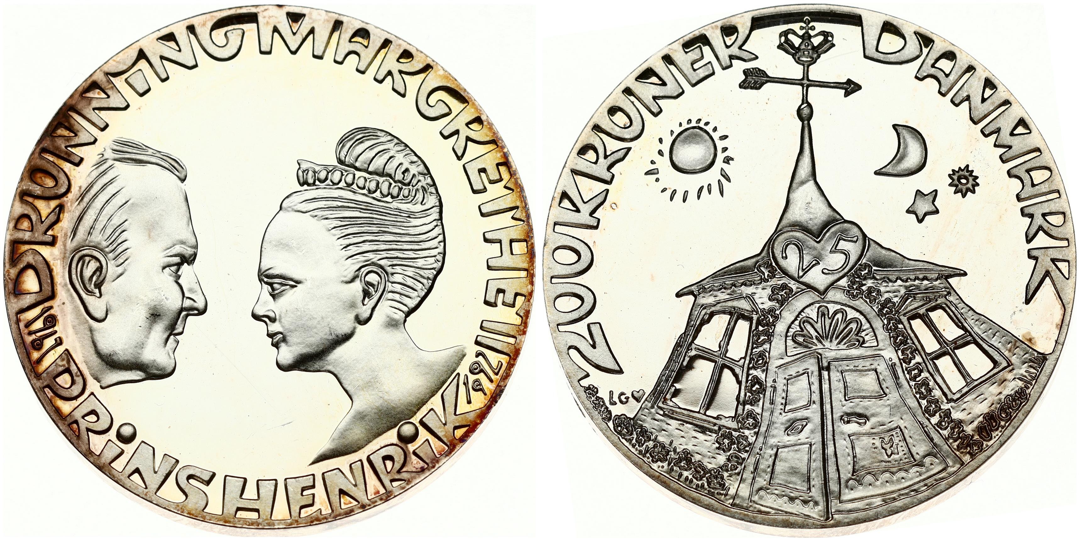 denmark-200-kroner-1992-h-lg-silver-wedding-anniversary-margrethe-ii