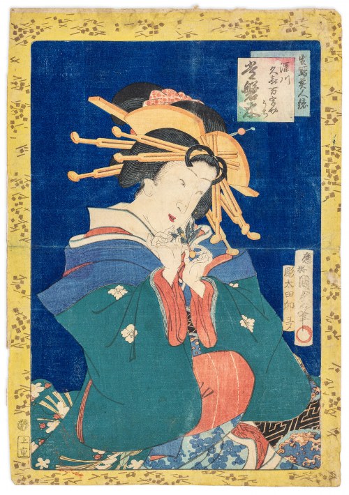Gejsza obierająca owoc persymony, 1856, Utagawa Kunisada