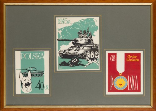 Zestaw trzech projektów znaczków pocztowych, ok 1970, Szymon Kobyliński