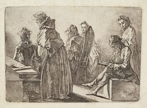 [rycina, 1758] Towarzystwo sześciu pań z artystą w jego pokoju, Daniel Chodowiecki
