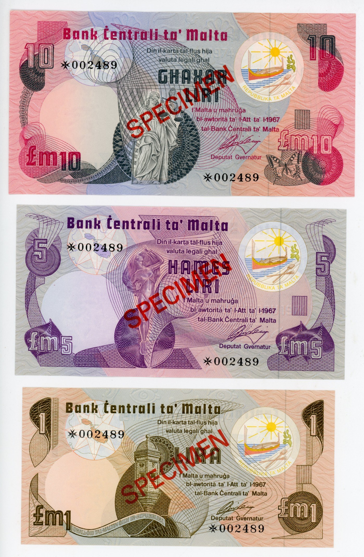 Malta Set 1 - 5 - 10 Lira 1967 (1979) (ND) Specimen Set - Internet 