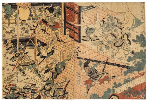 Minamoto no Yoshitsune walczy z przeciwnikami na zamku Horikawa, Katsukawa Shuntei
