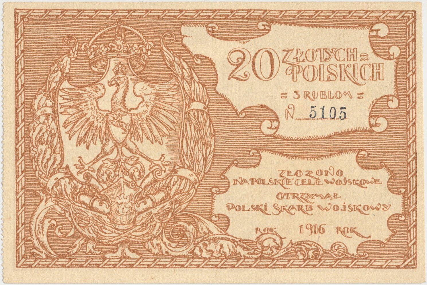 10 Million Rubles To Usd In 1916 Polski Skarb Wojskowy na Polskie Cele Wojskowe, 20 złotych / 3 ruble