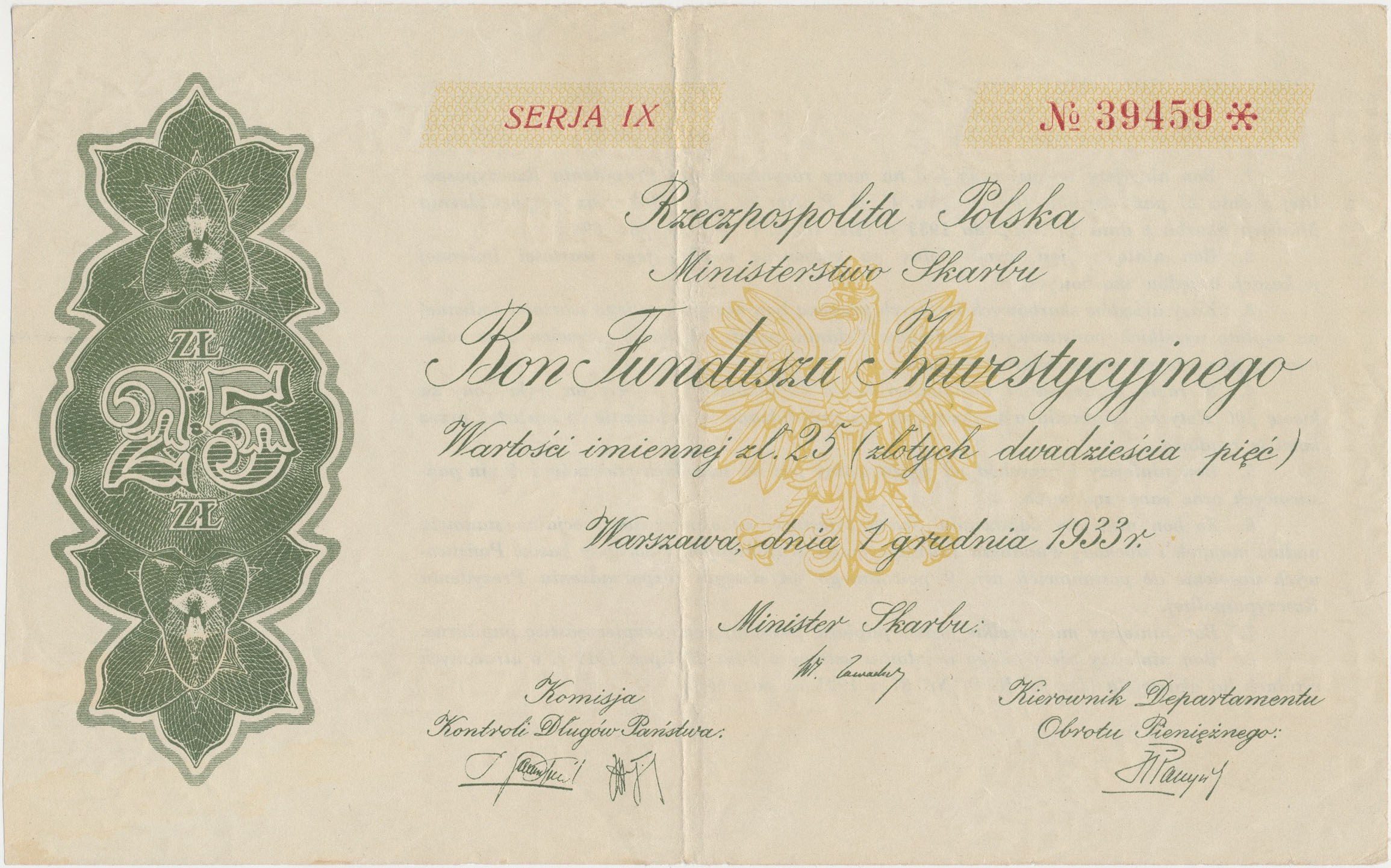 Tytuł Prawny Do Udziału W Aktywach Netto Otwartego Funduszu Inwestycyjnego Bon Funduszu Inwestycyjnego, SERJA IX - 25 złotych 1933