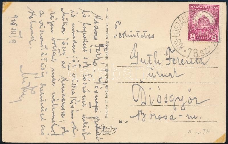1928 Képeslap KISUJSZÁLLÁS-KISTERENYE vasúti bélyegzéssel / Postcard ...