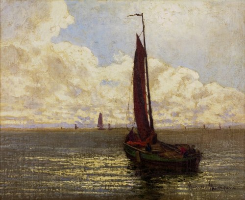 Pejzaż morski z łodziami rybackimi, Ernst Lorenz-Murowana