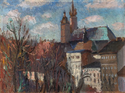 Widok na Kościół Mariacki w Krakowie, lata 30. XX w., Henryk Dietrich