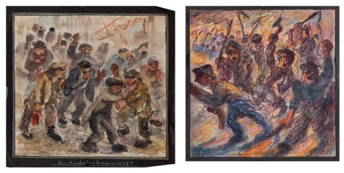 Zestaw dwóch rysunków: A. Bunt robotników r. 1939, 1944 B. Hej, do boju, 1944-1945, Michał Gawlak