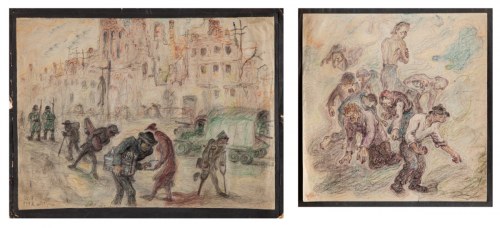 Zestaw dwóch rysunków: A. Przy pracy, ok. 1940 B. Ulica, 1942, Michał Gawlak