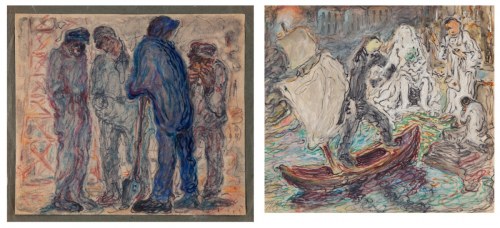 Zestaw dwóch rysunków: A. Smutna wiadomość, 1943 B. Ślub, 1943, Michał Gawlak