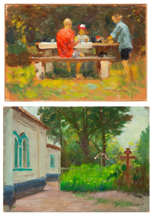 Zestaw dwóch prac: A. Przy stole w ogrodzie, 1993 B. Przy cerkwi, 1991, Siergiej Nikiforow