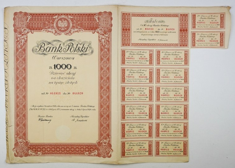 BANK OF POLAND Warsaw. PLN 1000. Ten bearer shares for one thousand ...