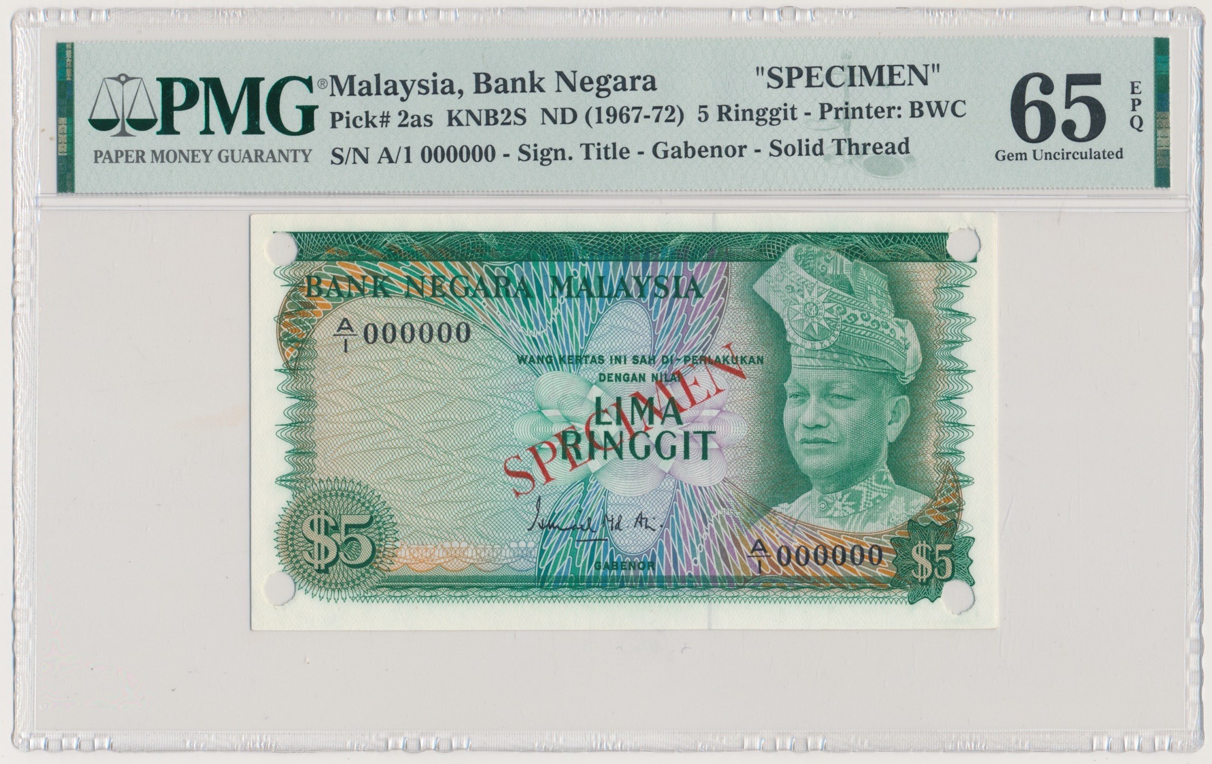 Malaysia, 5 Ringgit ND (1967-72) - SPECIMEN - Online auction / Online ...