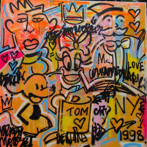 Pop art graffiti. Enjoy your life and be happy with Mickey Mouse and Alec Monopoly, Petro Brunetti