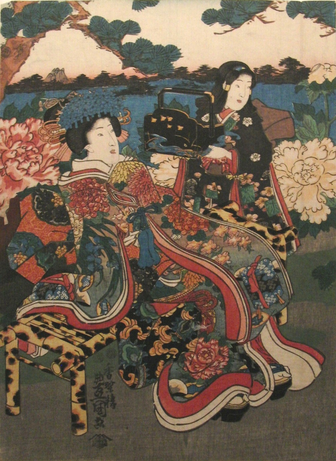 木製　螺鈿　宮廷人物文　花台　トコヒカ　東さ7-0728☆2F Utagawa Kunisada (1786-1865), Geisha and maiko in the peony