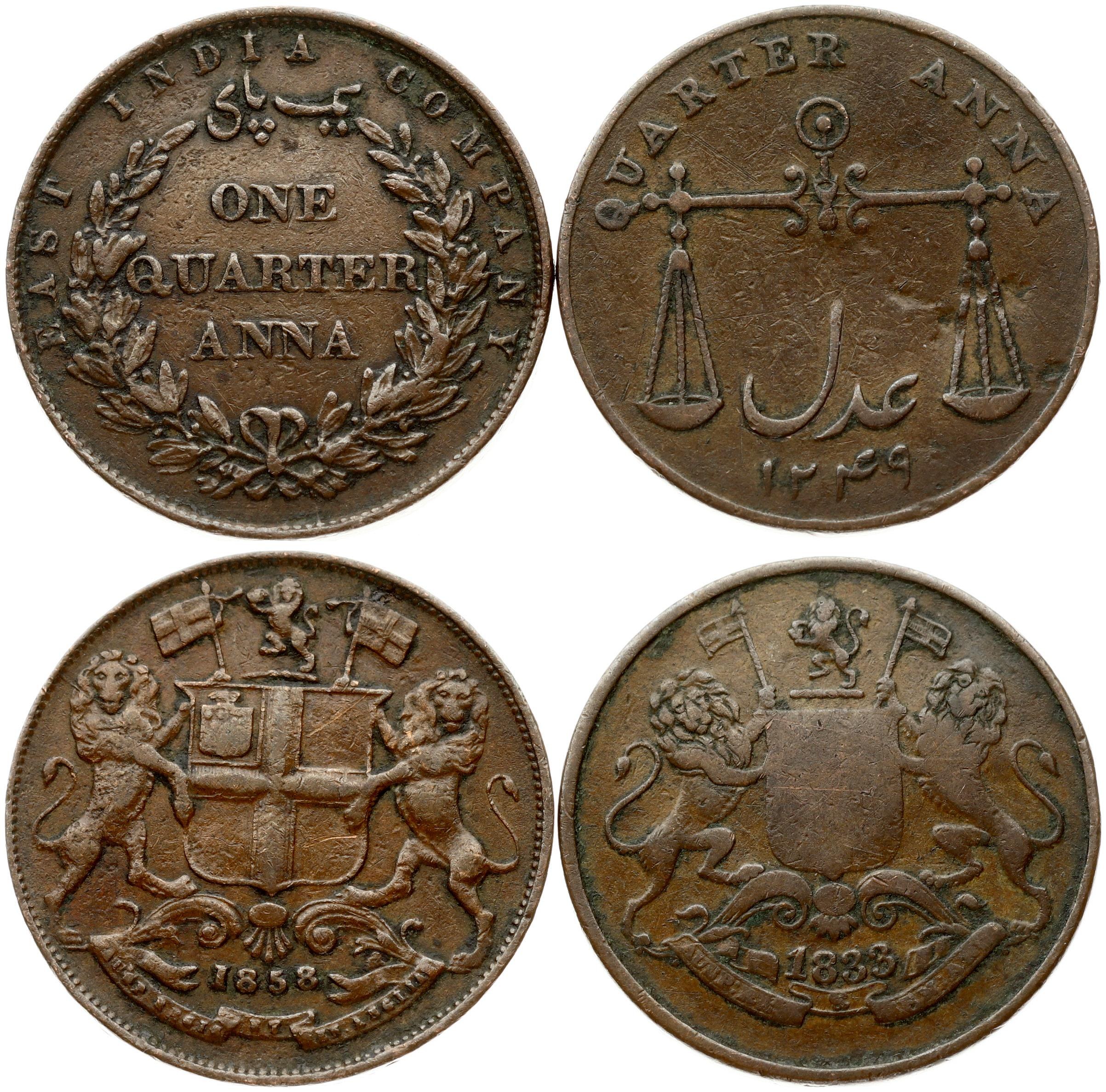 India-British Bombay ¼ Anna 1833 & 1858. Obverse: Coat of