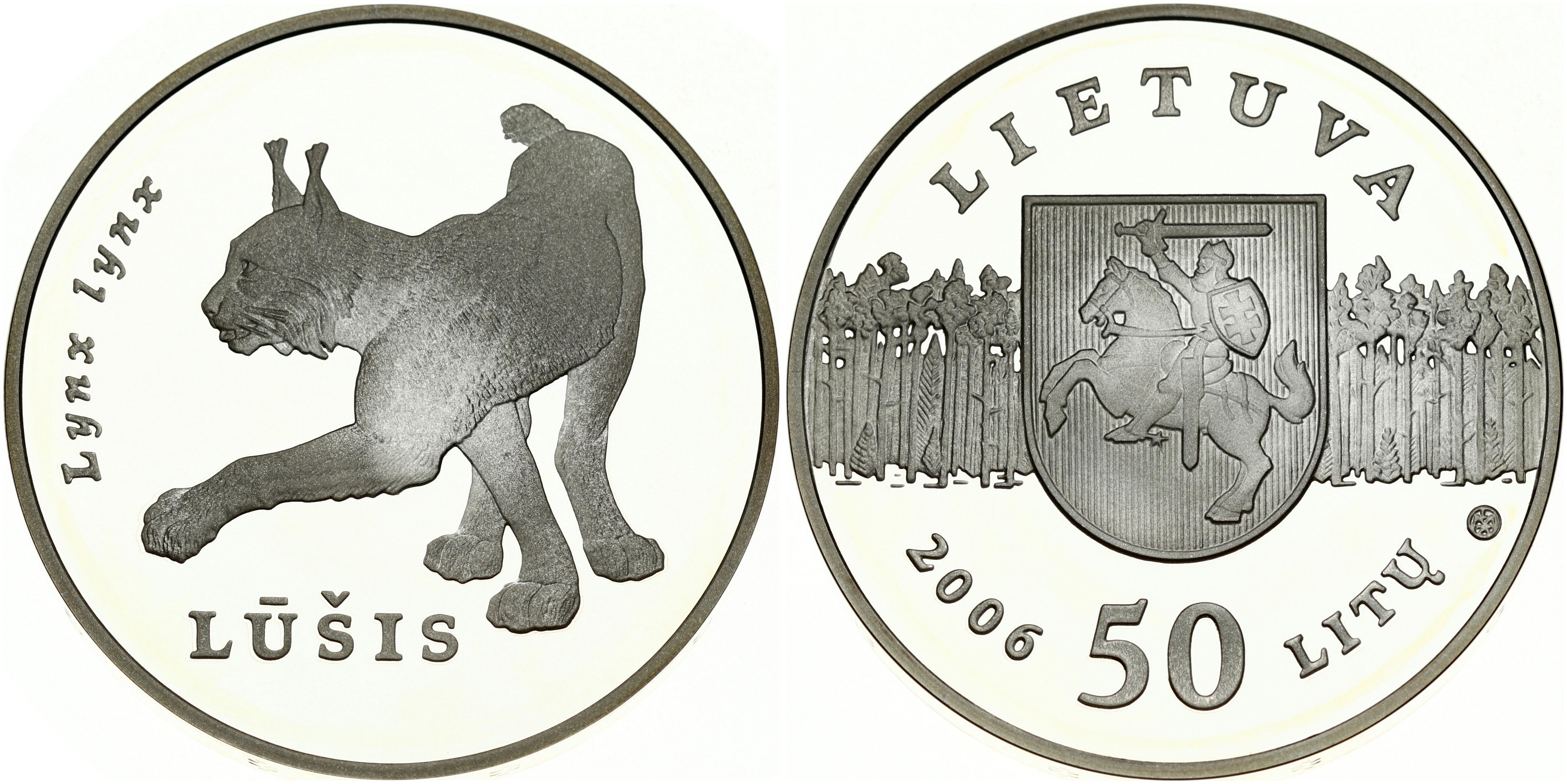 Lithuania 50 Litų 2006 Eurasian Lynx. Obverse: National arms on forest