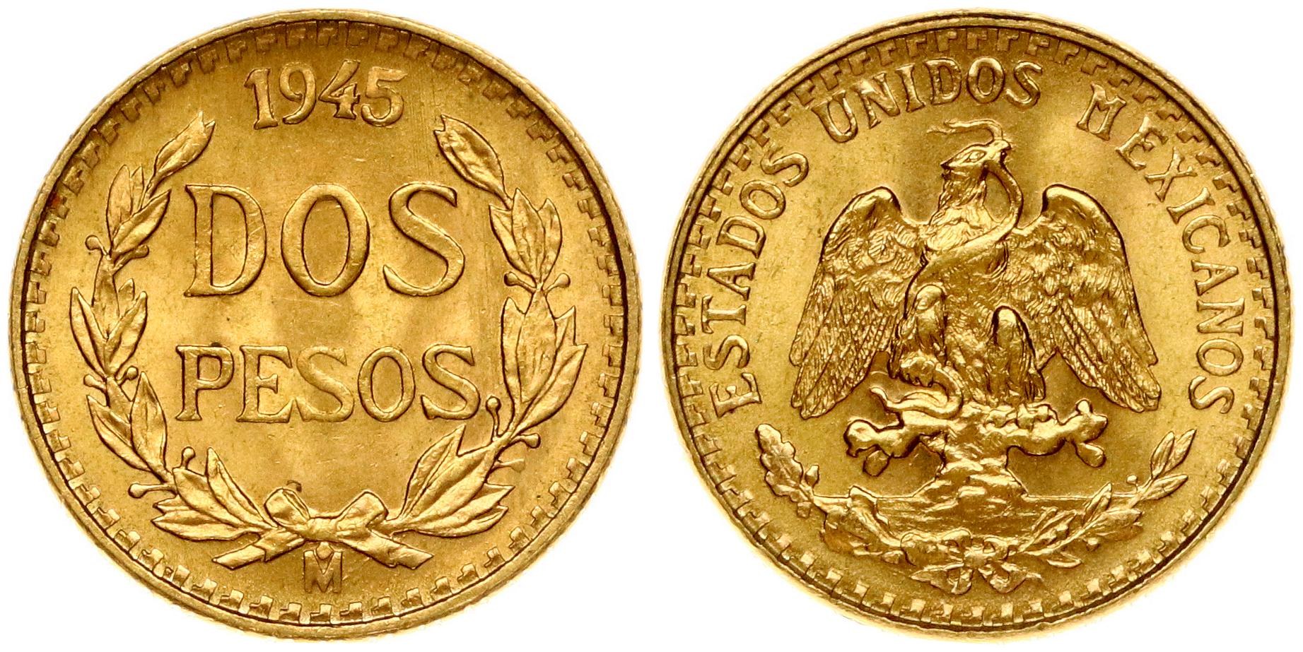 Mexico 2 Pesos 1945 Obverse: Mexican eagle eating a snake on a cactus
