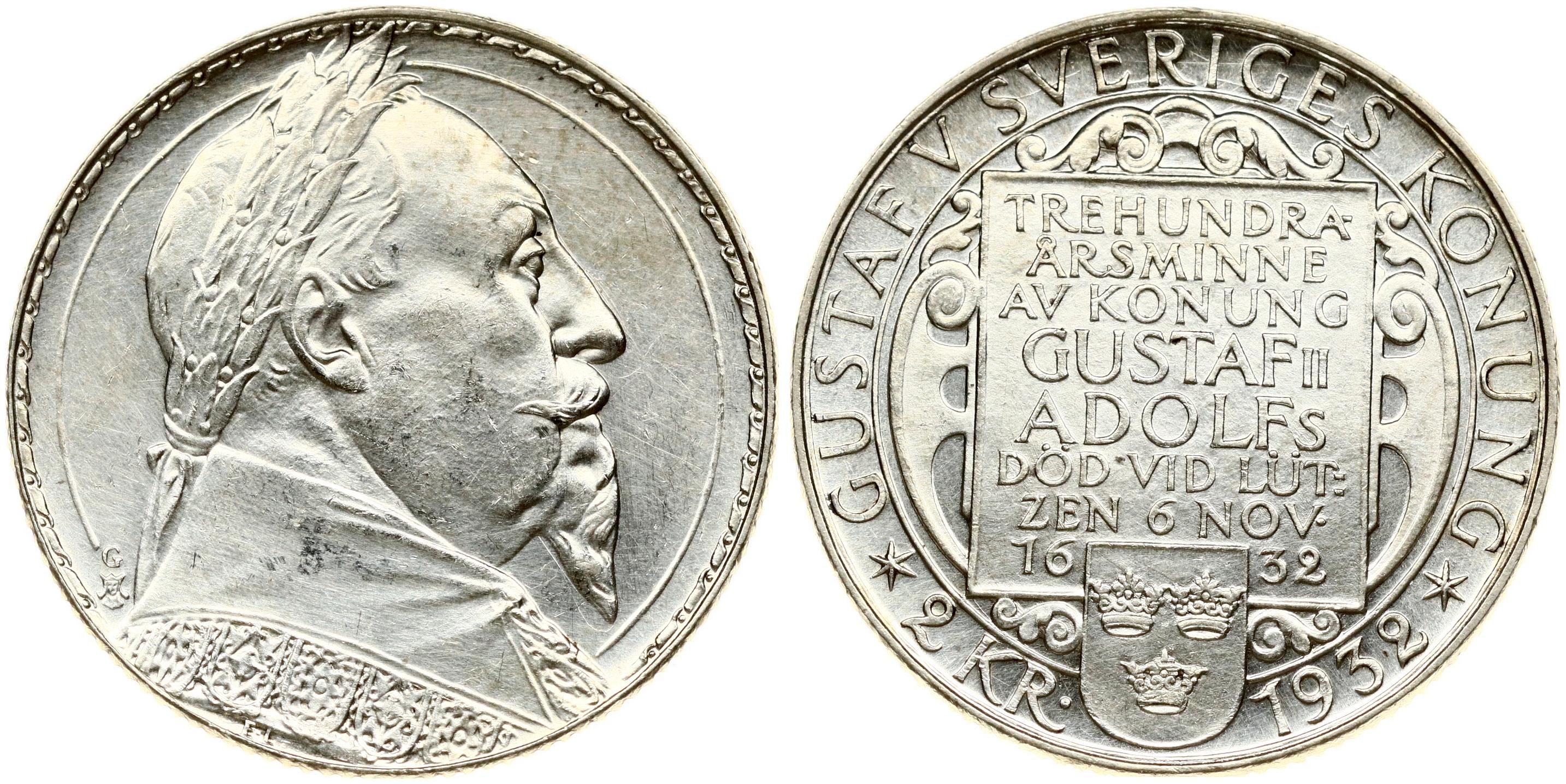 Sweden 2 Kronor 1932 G 300th Anniversary of the death of Gustaf II ...