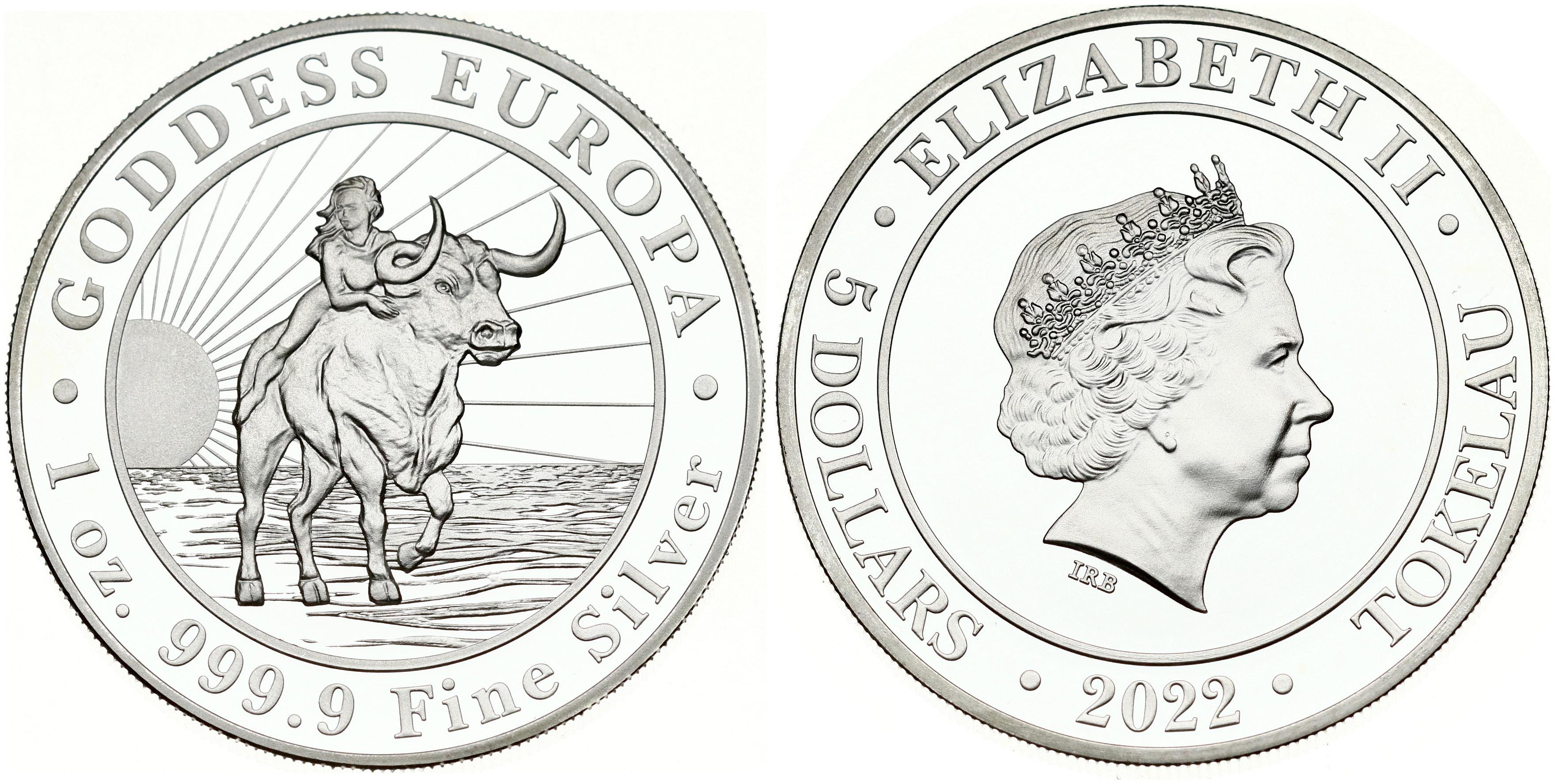 Tokelau 5 Dollars 2022 Goddess Europa. Elizabeth II (1952-). Obverse