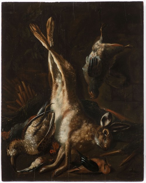 Myśliwska martwa natura z królikami i ptakami, Przypisywana Fransi de Hamilton (1623-1712), Myśliwska martwa natura z królikami i ptakami, Przypisywana Fransi de Hamilton
