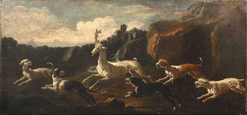 zwany Rosa da Tivoli (Frankfurt nad Menem 1657-1706 Rzym), Pejzaż z polowaniem na jelenia, Philipp Peter Roos, zwany Rosa da Tivoli (Frankfurt nad Menem 1657-1706 Rzym), Pejzaż z polowaniem na jelenia, Philipp Peter Roos