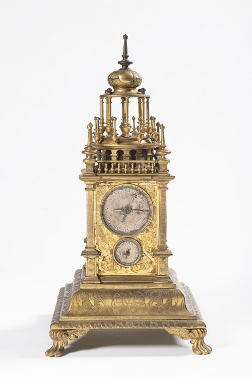 2nd half 19th century, Heavy Brass Gilt Mantel Clock with Silver Plated Dials, 2nd half 19th century, Heavy Brass Gilt Mantel Clock With Silver Plated Dials