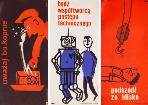 Andrzej Oniegin DĄBROWSKI (ur. 1943 r.), 1968, Zestaw Trzech Plakatów Bhp - Proj. Jerzy Flisak
