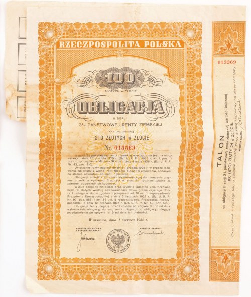 Polska, 1936, OBLIGACJA 100 ZŁOTYCH ZŁOCIE