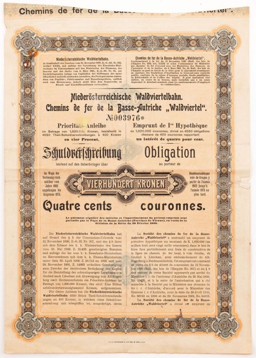 DOLNOAUSTRIACKA KOLEJ REGIONU WALDVIERTEL, 1902, Obligacja