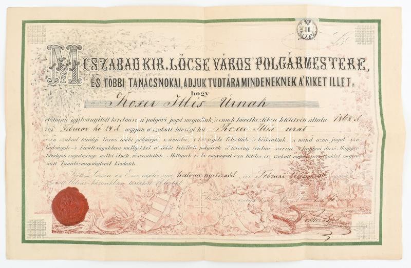 1868 Lőcse, Városi Polgárok Közé Felvételt Igazoló Oklevél A Főjegyző ...