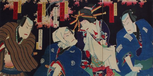 Aktorzy w sztuce kabuki „Kanto Meibutsu Otokodate Kagami” - tryptyk, Toyohara Kunichika