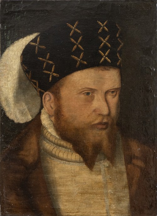 XVI WIEK, Portret dżentelmena w futrze i kapeluszu z pióropuszem, Niemiecki Artysta
