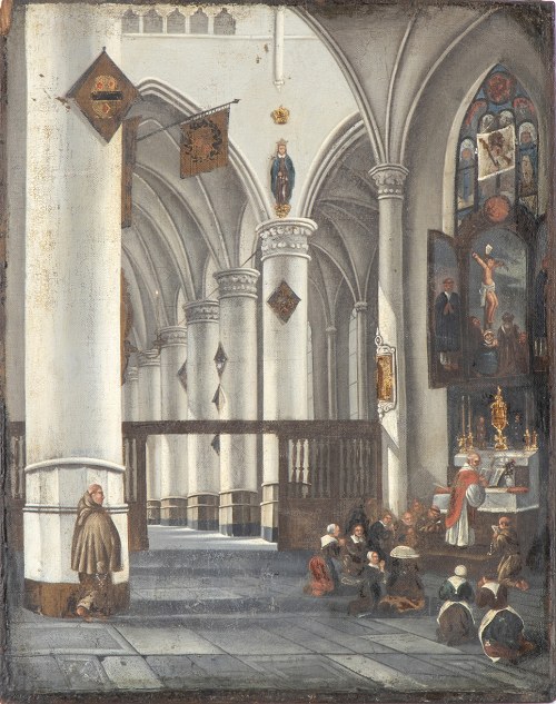 XVII WIEK, Wnętrze holenderskiego kościoła z modlącymi się wiernymi (Oude Kerk, Amsterdam?), Malarz holenderski