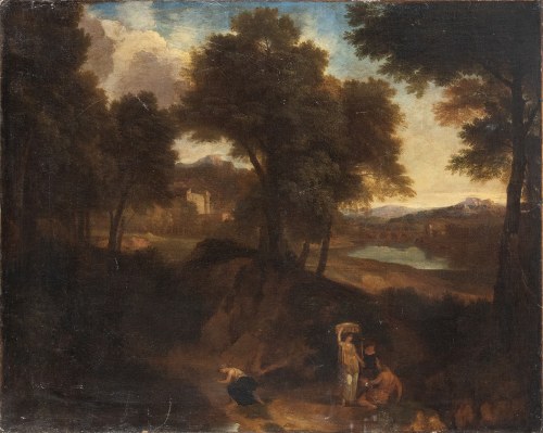1646 - Schoonhoven, 1726), Pejzaż z postaciami, rzeką i mostem w tle, Johannes Glauber
