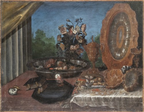 DRUGA POŁOWA XVII WIEKU, Martwa natura z kwiatami, miedzianą ceramiką i muszlami, Artysta Francuski