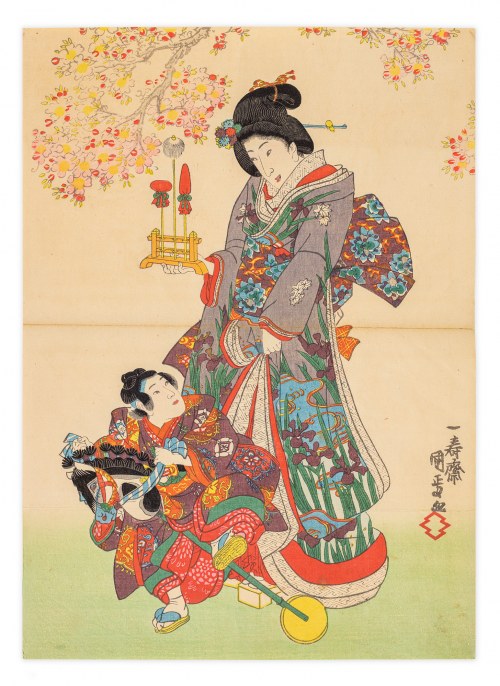 Drewniany koń w ogrodzie, z cyklu: Murasaki Shikibu Genji Karuta, 1857, Utagawa Kunimasa II