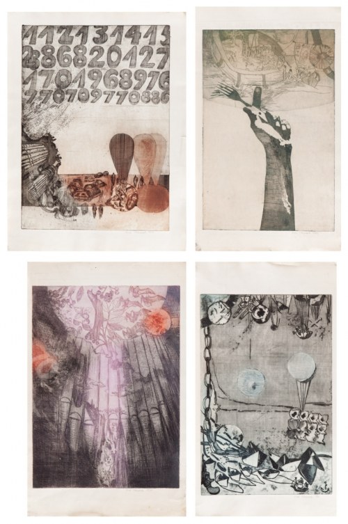 Zestaw czterech prac: 1. Zupełnie nowa pora roku III, 1971 2. Zaproszenie do raju, 1969 3. Zupełnie nowa pora roku, 1970 4. Bez tytułu [Łódki], 1969, Ewa Wieczorek