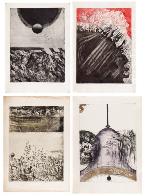 Zestaw czterech prac: 1. Bez tytułu [Twarze], 1970 2. Bez tytułu, 1970 3. Kwiaty, 1970 4. Dzwon, 1968, Ewa Wieczorek