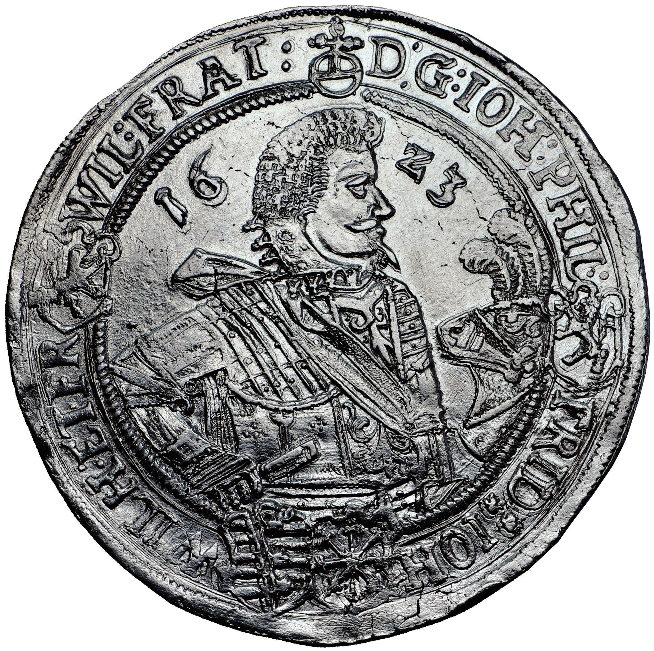 Germany, Saxony-Altenburg, John Philip I, Frederick VIII, John William IV  and Frederick William II, thaler 1623, Saalfeld mint - Online auction /  Online bidding - Price - OneBid, image size:2283x2274