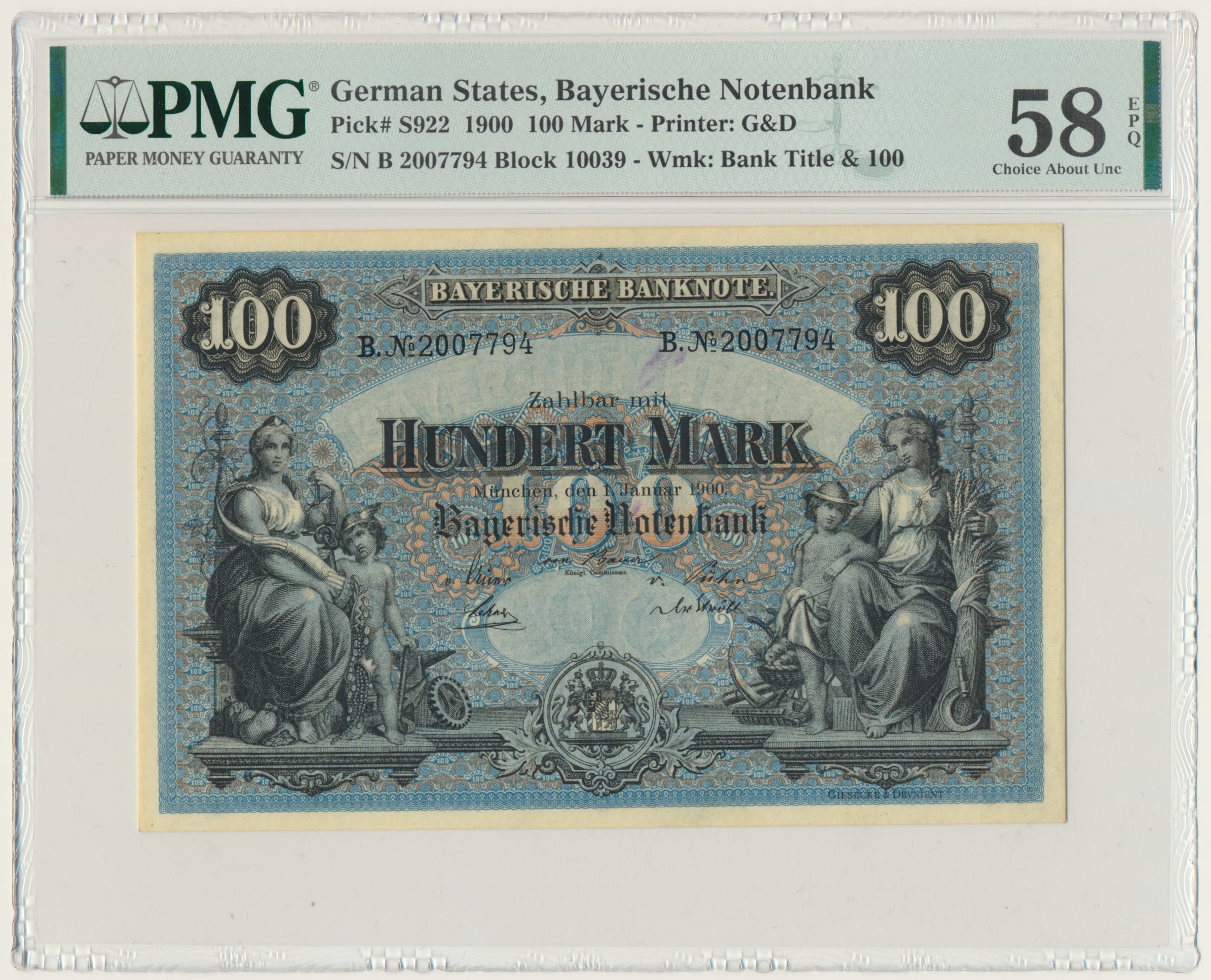1908年ドイツ100マルク帝国紙幣、ピック#33a - PMG Gem UNC 66 EPQ