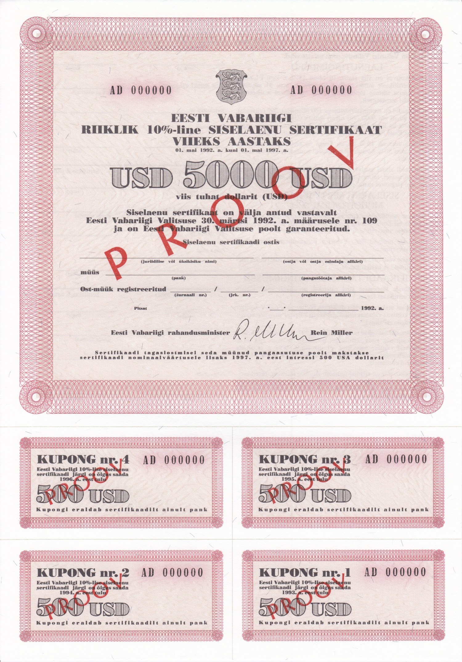 Estonia 5000 USD 1992 10 domestic loan certificate for five years