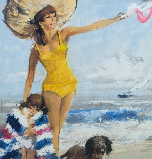 gwasz. Na plaży, l. 60 XX w., Janusz Grabiański