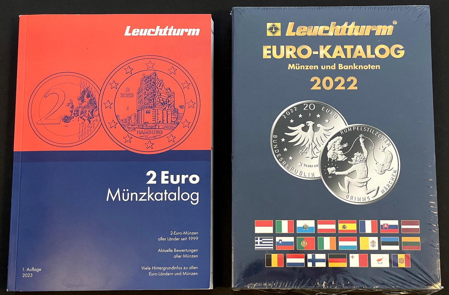 Reference set of 2 Leuchtturm catalogs for coins, euro banknotes and 2